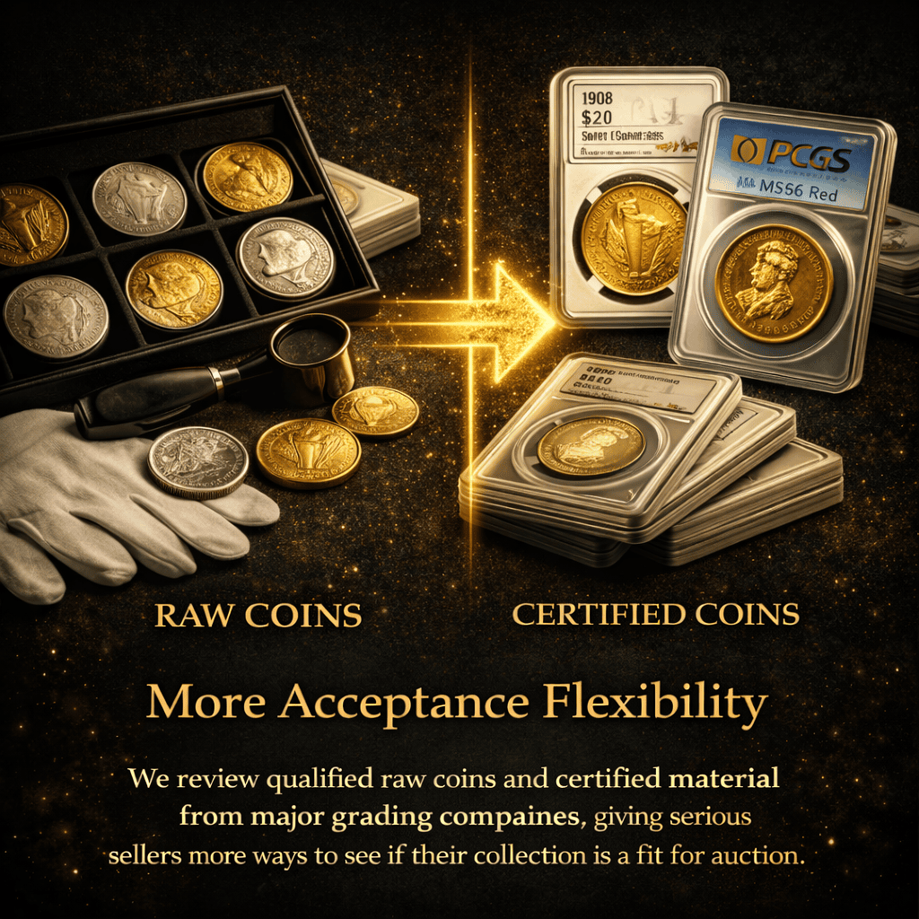 Raw and certified coins reviewed for auction fit by Gold Standard Consignment