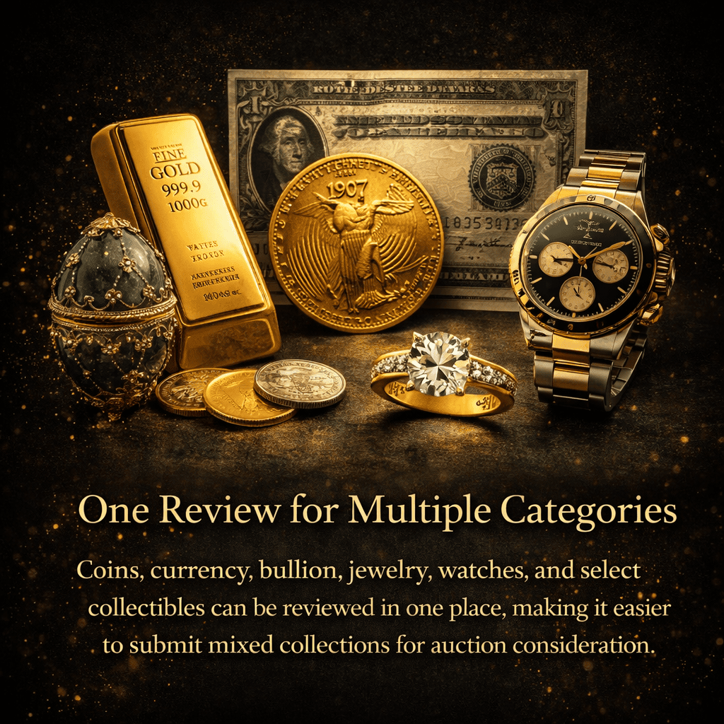Coins currency bullion jewelry watches and collectibles reviewed in one consignment submission